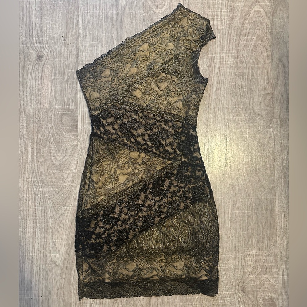 bebe Black Lace One Shoulder Dress